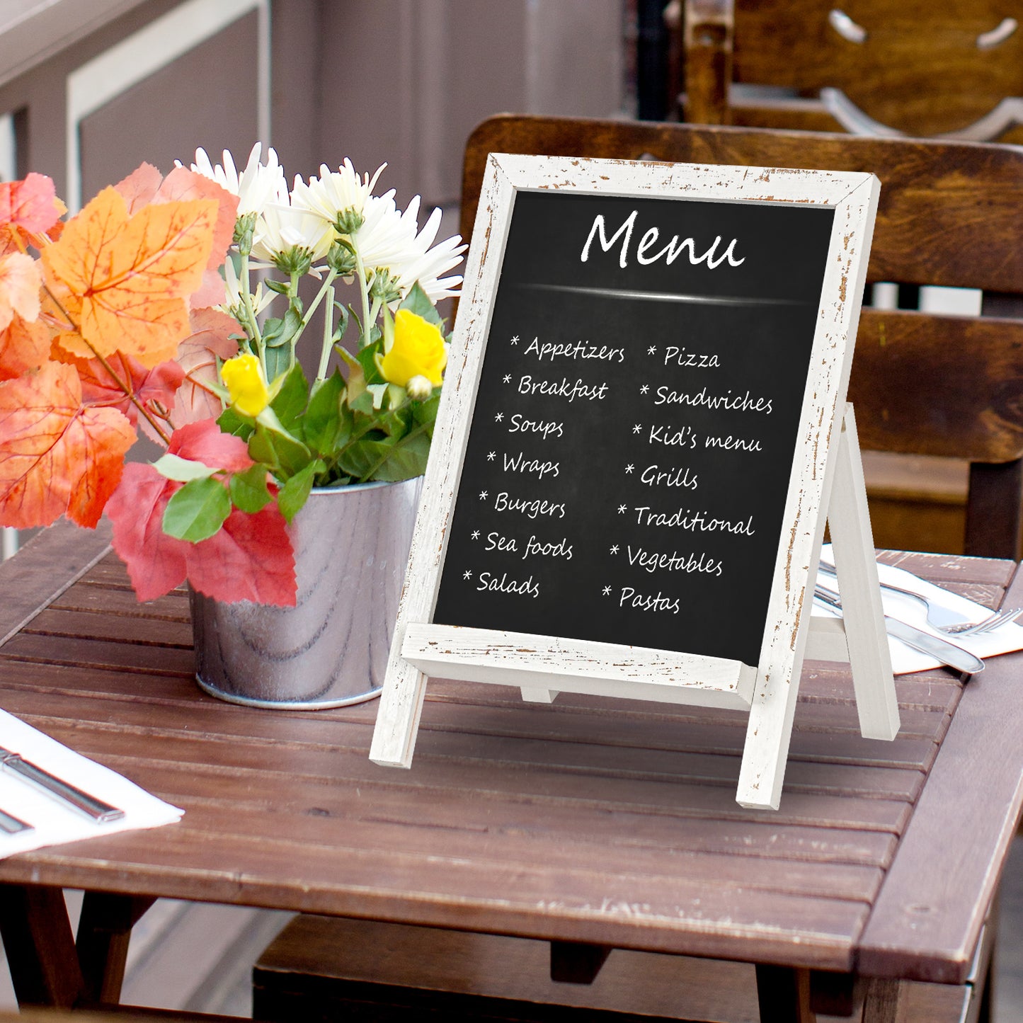 Small Tabletop Chalkboard Signs, 9.5" x 14" Magnetic Chalk board with Stand Wood Frame-White