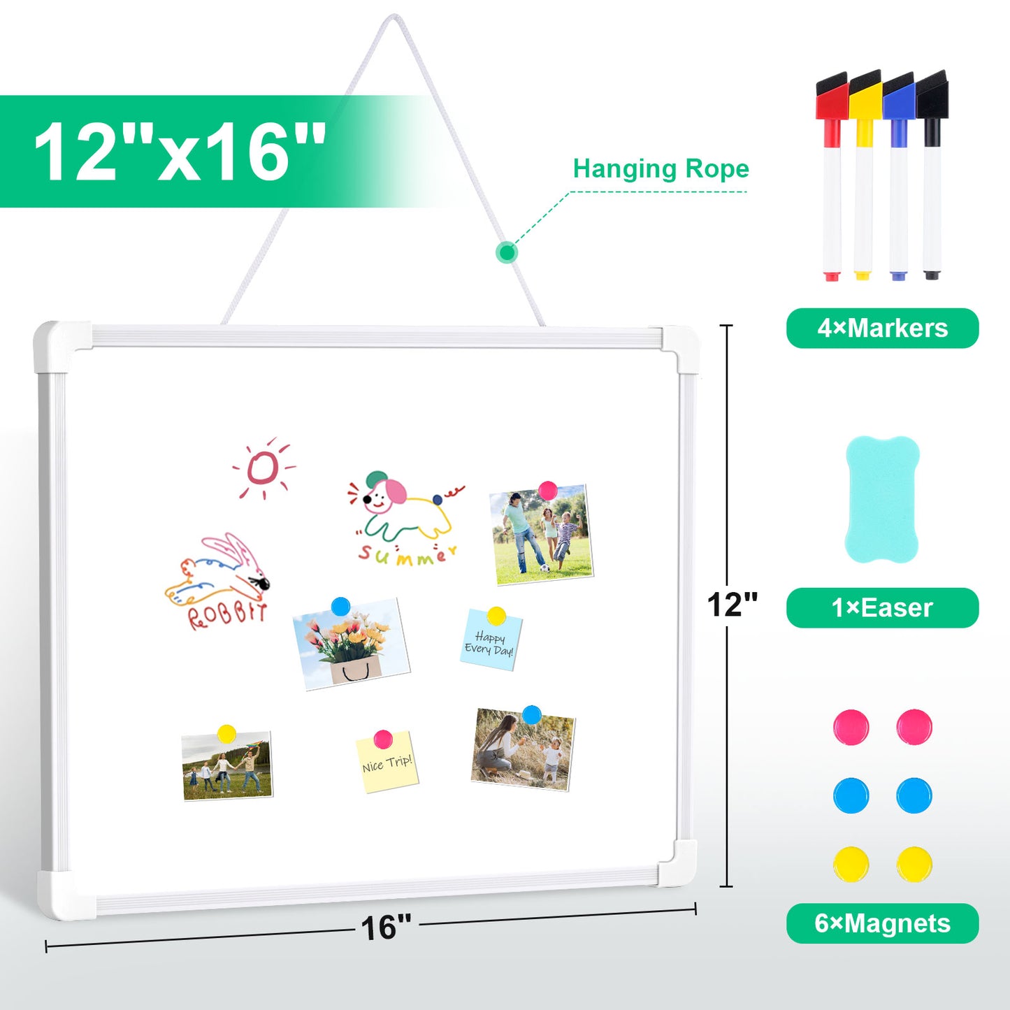 Magnetic White Board Dry Erase 16" x 12" Hanging Sign Portable Writing Dry Erase Whiteboard