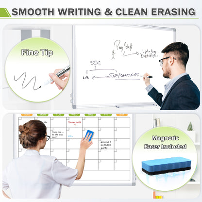 Magnetic Whiteboard Calendar for Wall, Double-Sided, with 4 Markers 8 Magnets 1 Eraser 1 Tray-Silver