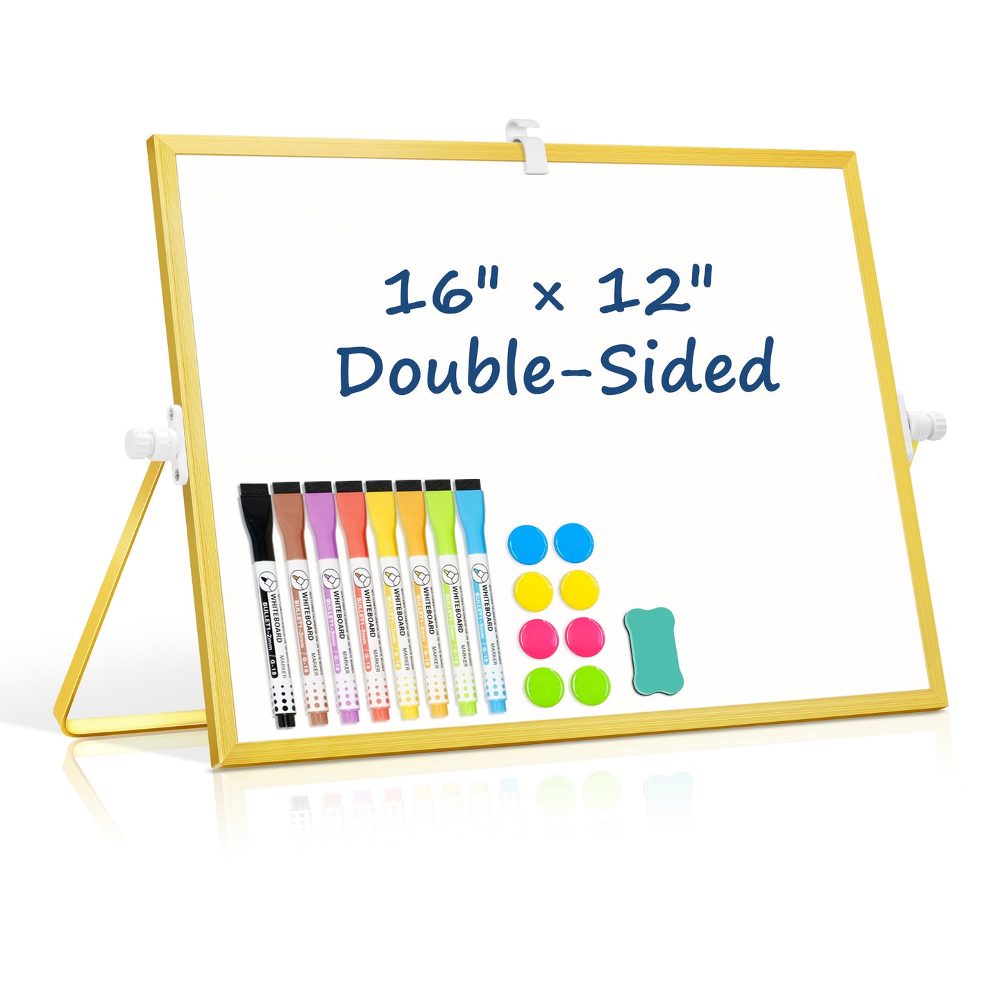 Small White Board with Stand, 16" x 12", Double-Sided with 8 Markers 8 Magnets 1 Eraser-Gold