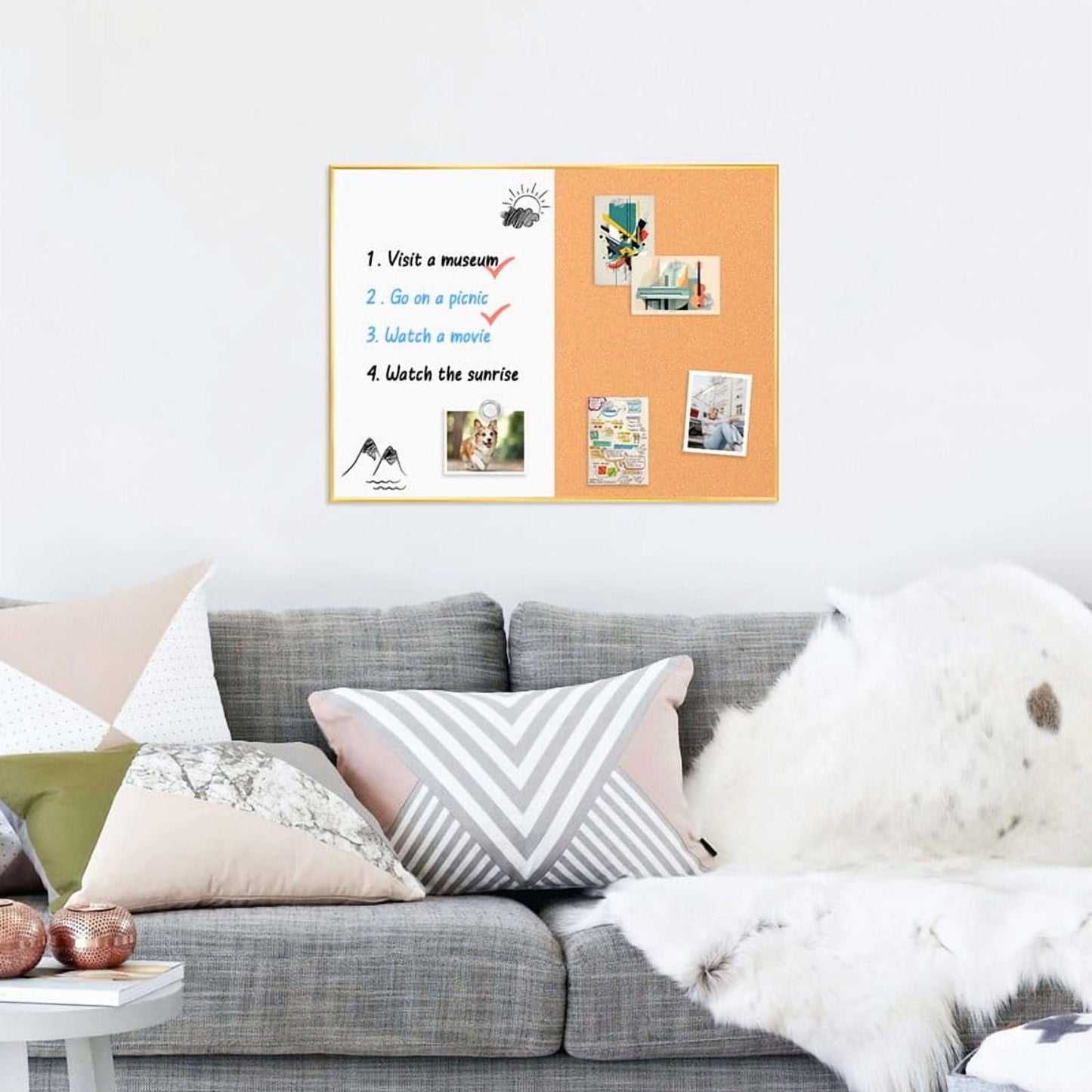 Cork Board Magnetic Dry Erase Board Combo Lage Whiteboard and Bulletin Board Combination Gold Frame