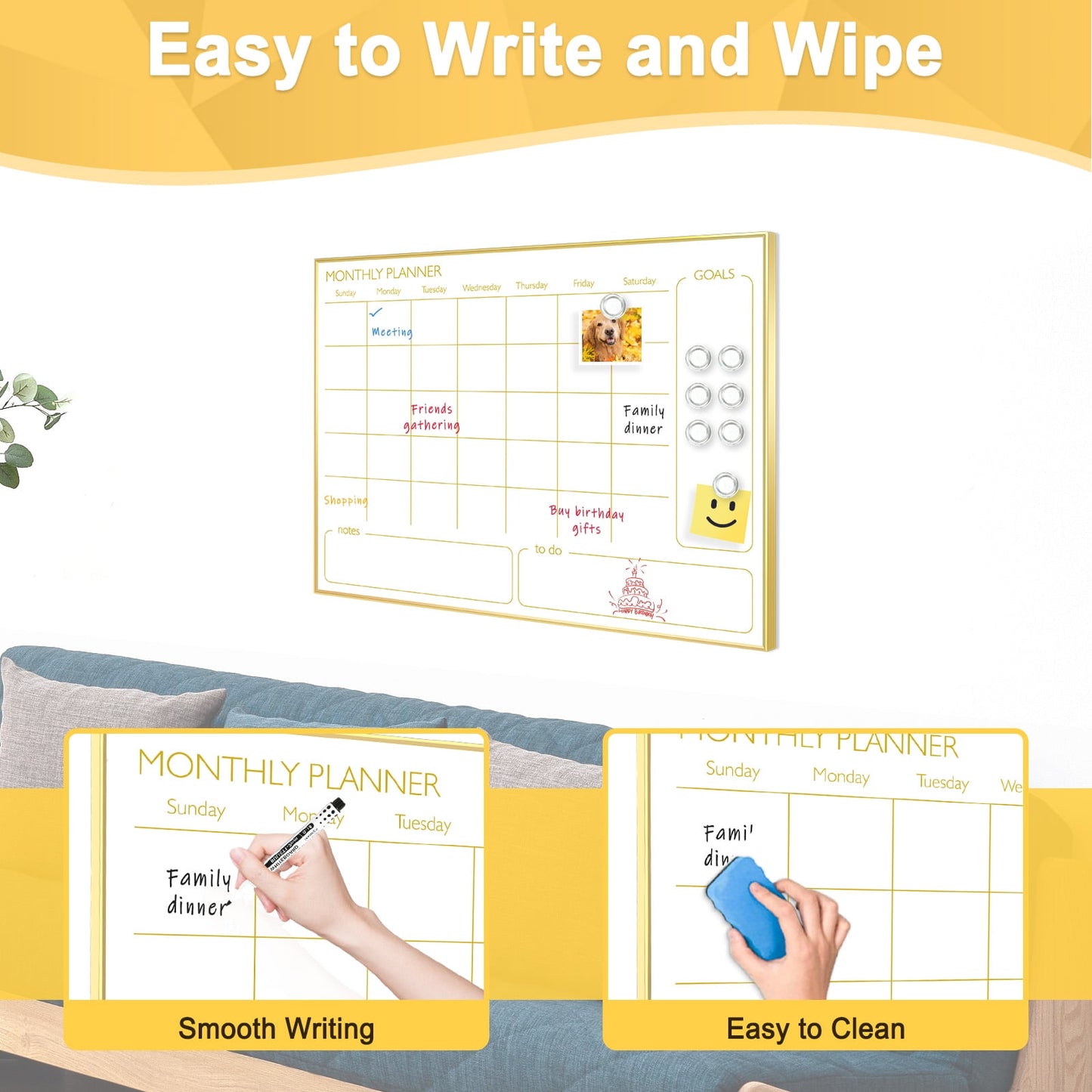 Monthly Calendar Whiteboard Magnetic Dry Erase Calendar White Board Calendar with Gold Frame