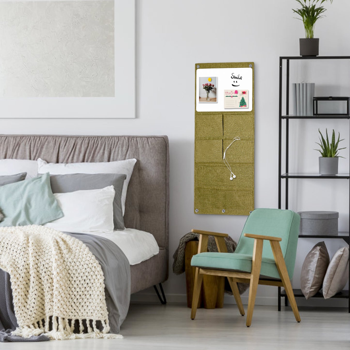 Wall Hanging Organizer Canvas with Whiteboards, Small Dry Erase White Board Wall Hanging Basket with Pockets