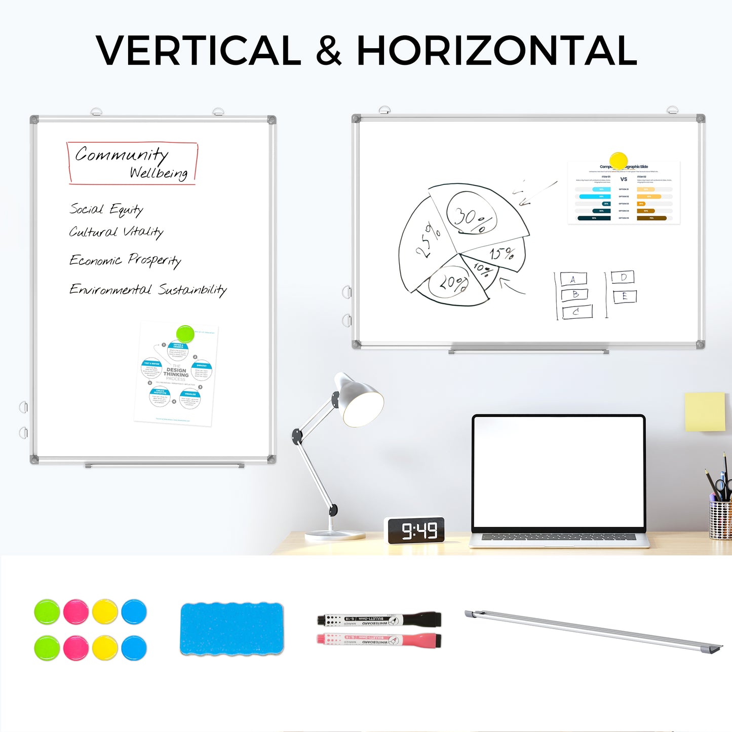 Magnetic Whiteboard Dry Erase Board for Wall, Aluminum Frame with 2 Markers 8 Magnets 1 Eraser 1 Pen Tray