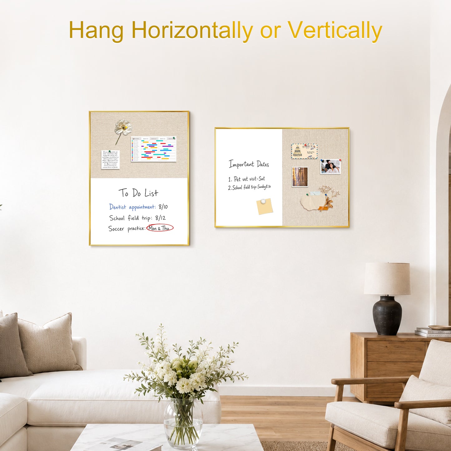Linen Bulletin Board Whiteboard Combo 24"X18" Dry Erase Cork Board Combo Whiteboard with Beige Linen