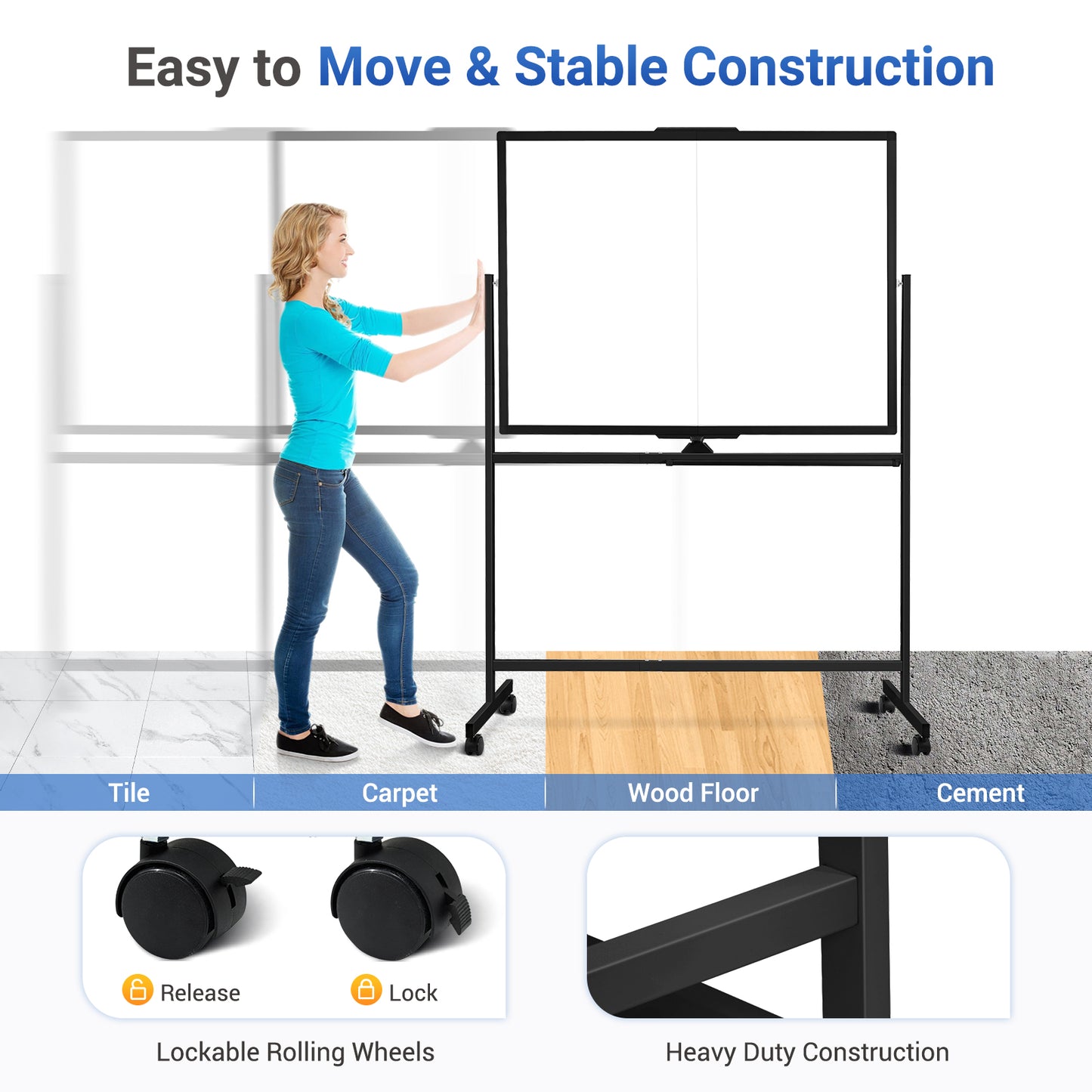 Rolling Dry Erase Board 48 x 36 Double Sided Easel Style Whiteboard with Wheels Mobile Standing White Board with Stand for Office, Classroom & Home, Black