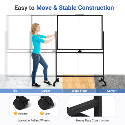 Rolling Dry Erase Board 48 x 36 Double Sided Easel Style Whiteboard with Wheels Mobile Standing White Board with Stand for Office, Classroom & Home, Black