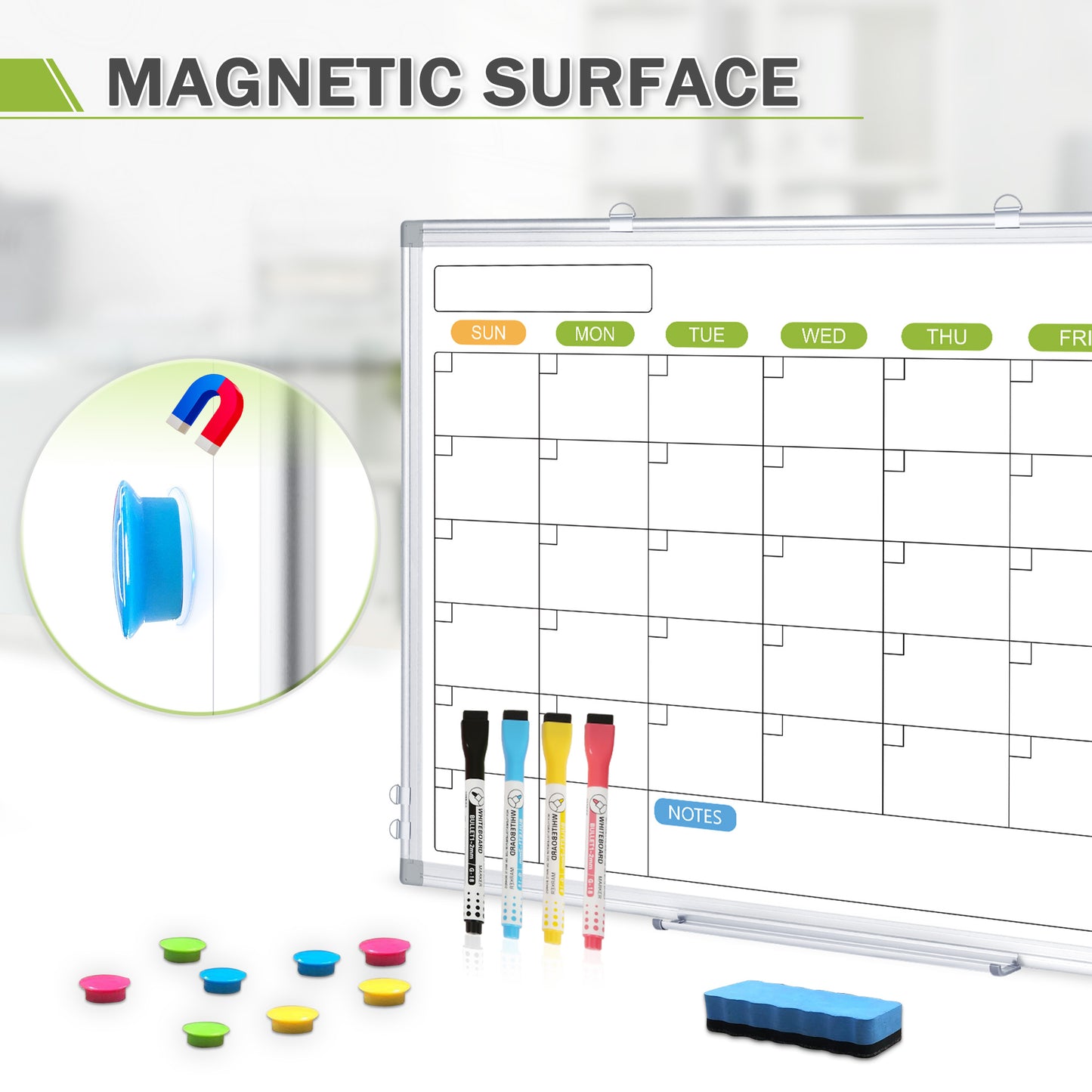 Magnetic Whiteboard Calendar for Wall, Double-Sided, with 4 Markers 8 Magnets 1 Eraser 1 Tray-Silver