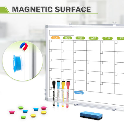 Magnetic Whiteboard Calendar for Wall, Double-Sided, with 4 Markers 8 Magnets 1 Eraser 1 Tray-Silver