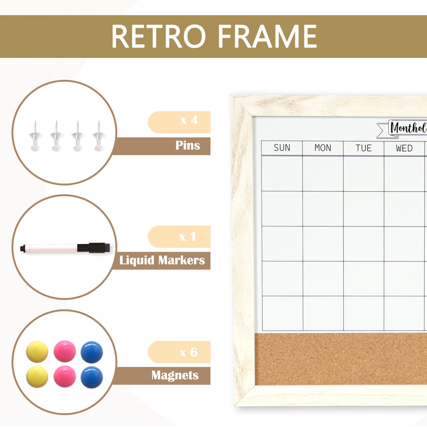 Monthly Whiteboard Calendar & Corkboard for Wall, Magnetic 16"x12" Dry Erase Board with White Wood Framed