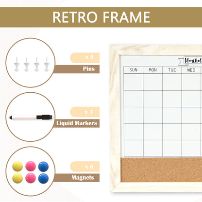 Monthly Whiteboard Calendar & Corkboard for Wall, Magnetic 16"x12" Dry Erase Board with White Wood Framed