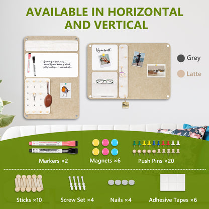 Felt Bulletin Board 24 x 16 In Foldable with Magnetic Whiteboard Dry Erase, Peg Board Acrylic Shelf, Vertical Latte