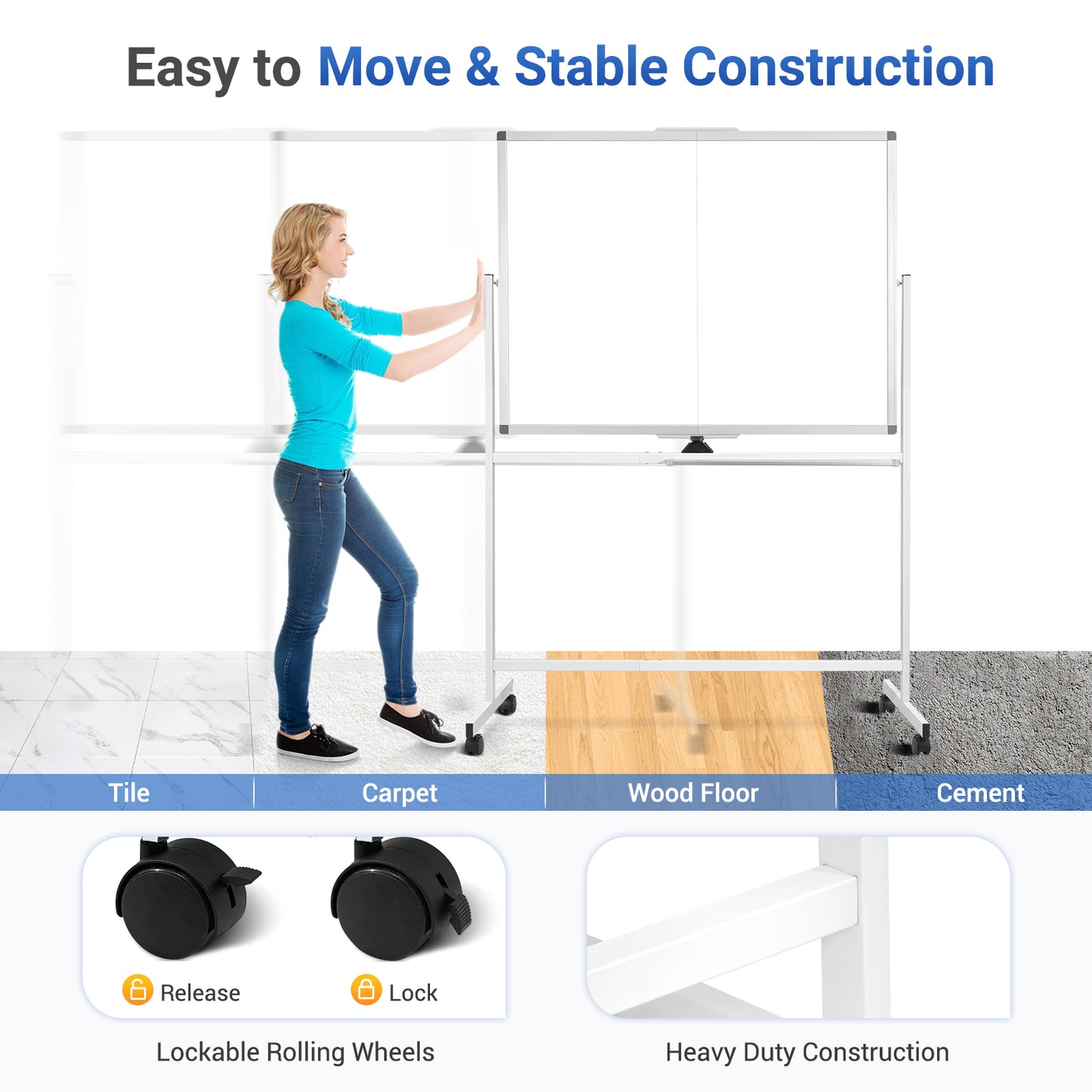Rolling Dry Erase Board 48 x 36 Double Sided Easel Style Whiteboard with Wheels Mobile Standing White Board with Stand for Office, Classroom & Home, White