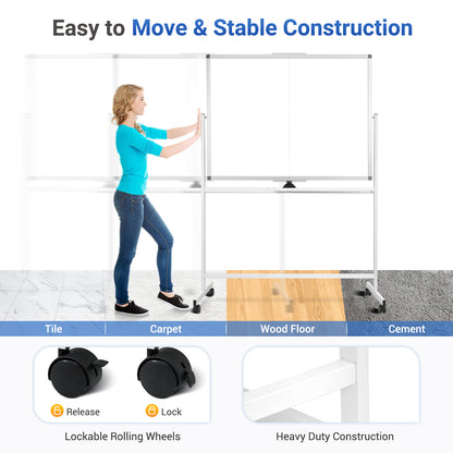 Rolling Dry Erase Board 48 x 36 Double Sided Easel Style Whiteboard with Wheels Mobile Standing White Board with Stand for Office, Classroom & Home, White