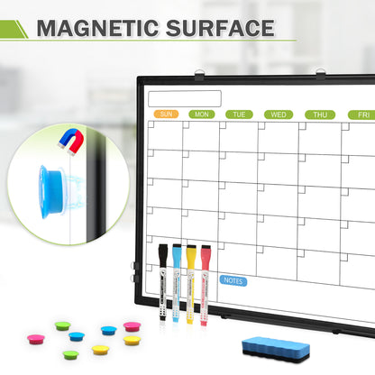 Magnetic Whiteboard Calendar for Wall, Double-Sided, with 4 Markers 8 Magnets 1 Eraser 1 Tray-Black