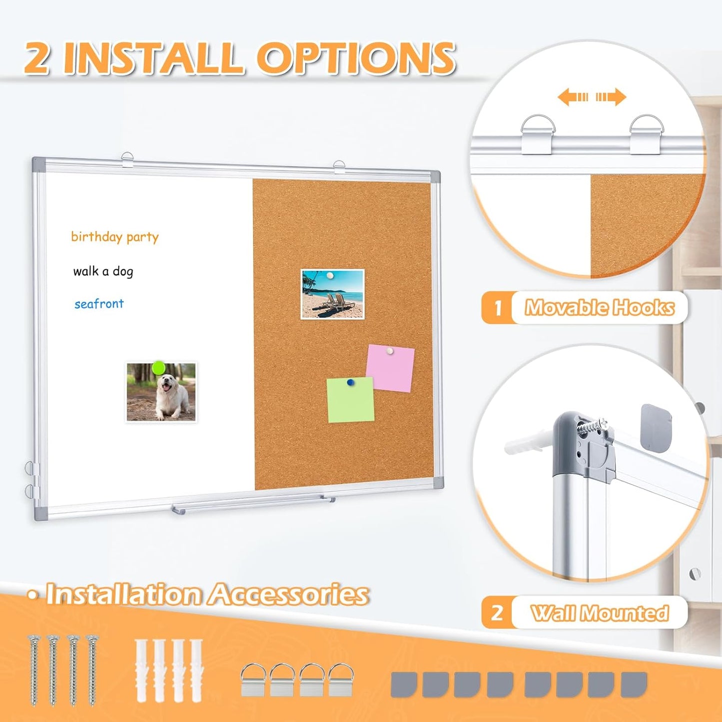 Whiteboard Corkboard Combo, Double-Sided Dry Erase Board with 4 Markers 6 Magnets 10 Pins 1 Eraser-Silver