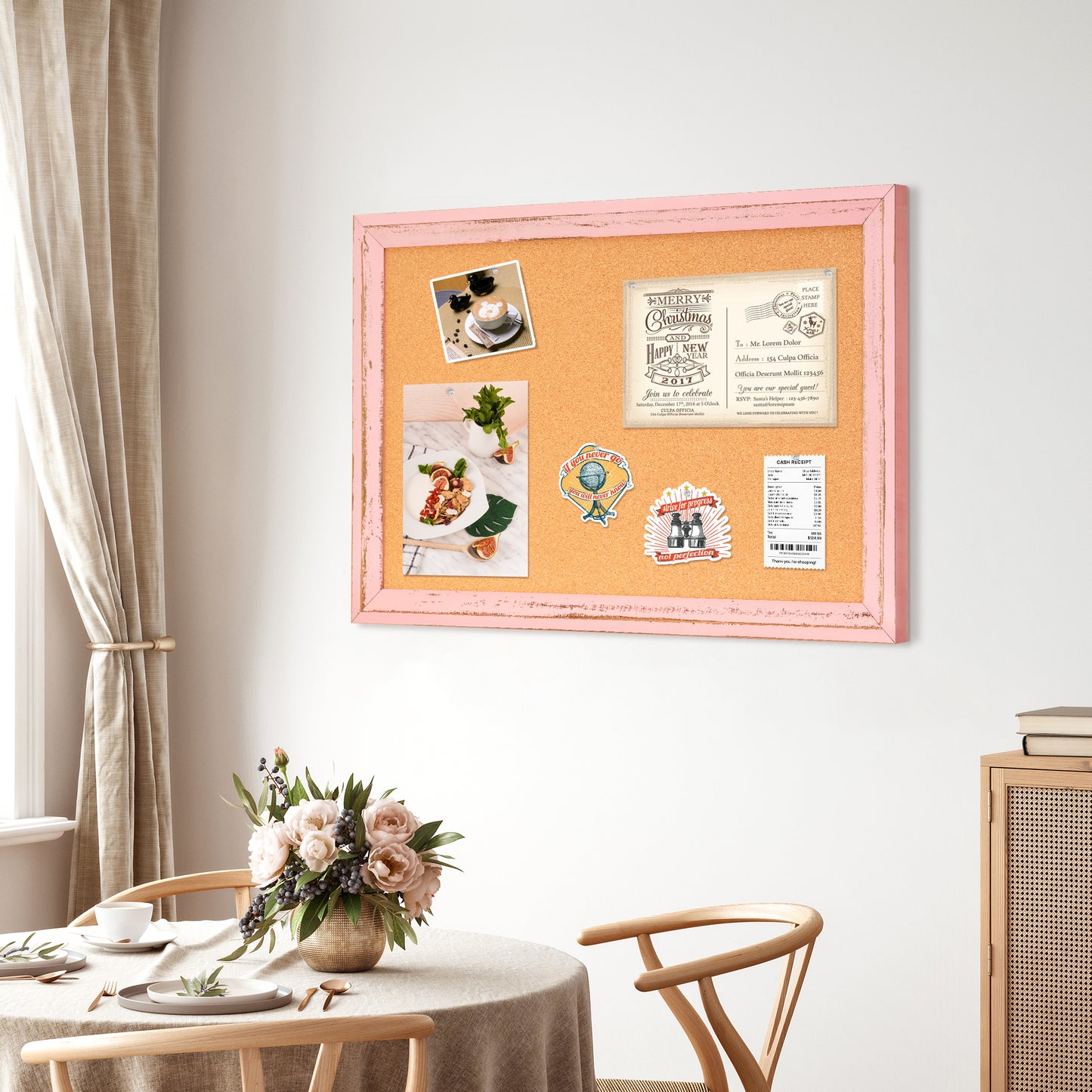 Cork Board for Wall, Bulletin Board Rustic Wooden Frame with 10 Pushpins, Pink