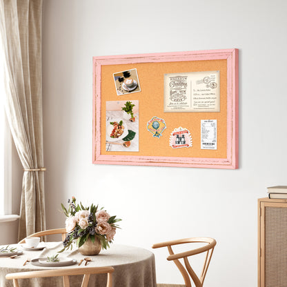 Cork Board for Wall, Bulletin Board Rustic Wooden Frame with 10 Pushpins, Pink