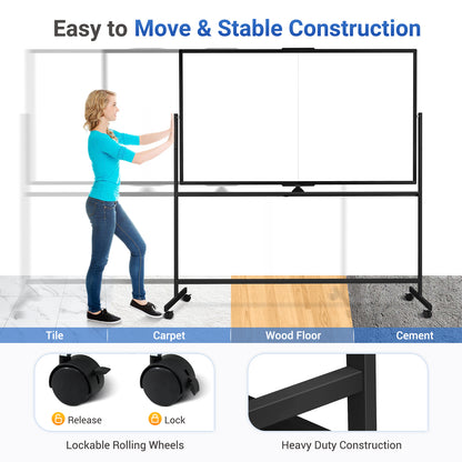 Rolling Whiteboard on Wheels 72"x40" Double-Sided Dry Erase Board with Stand Big White Board with Stand Portable Magnetic Mobile White Board, Black