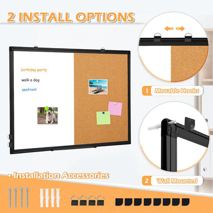 Whiteboard Corkboard Combo, Double-Sided Dry Erase Board with 4 Markers 6 Magnets 10 Pins 1 Eraser-Black