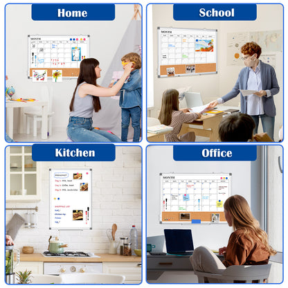 Monthly Calendar Whiteboard Dry Erase Cork Board Combination for Wall