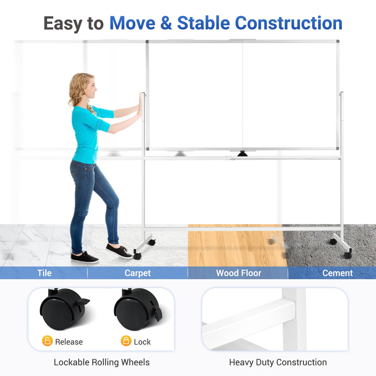 Rolling Whiteboard on Wheels 72"x40" Double-Sided Dry Erase Board with Stand Big White Board with Stand Portable Magnetic Mobile White Board, White