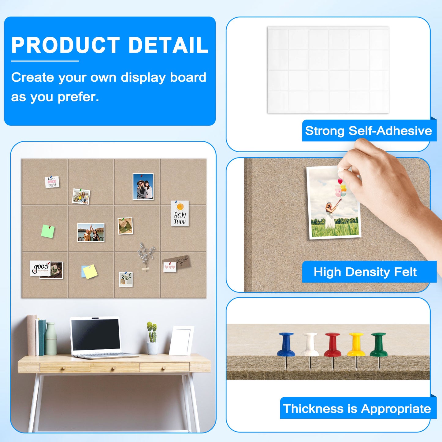 Bulletin Felt Board Pin Board 12 Pack Large Cork Board for Wall Felt Wall Tiles