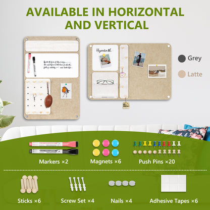 Felt Bulletin Board 24 x 16 In Foldable with Magnetic Whiteboard Dry Erase, Peg Board Acrylic Shelf, Horizonal Latte