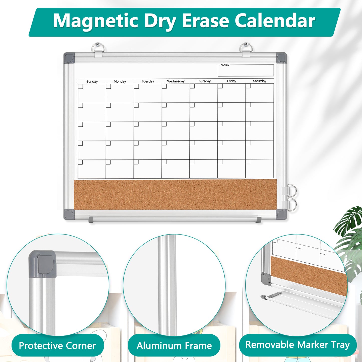 Monthly Calendar Whiteboard 16" x 12" Magnetic Dry Erase Board Dry Erase Cork Board Combination for Wall