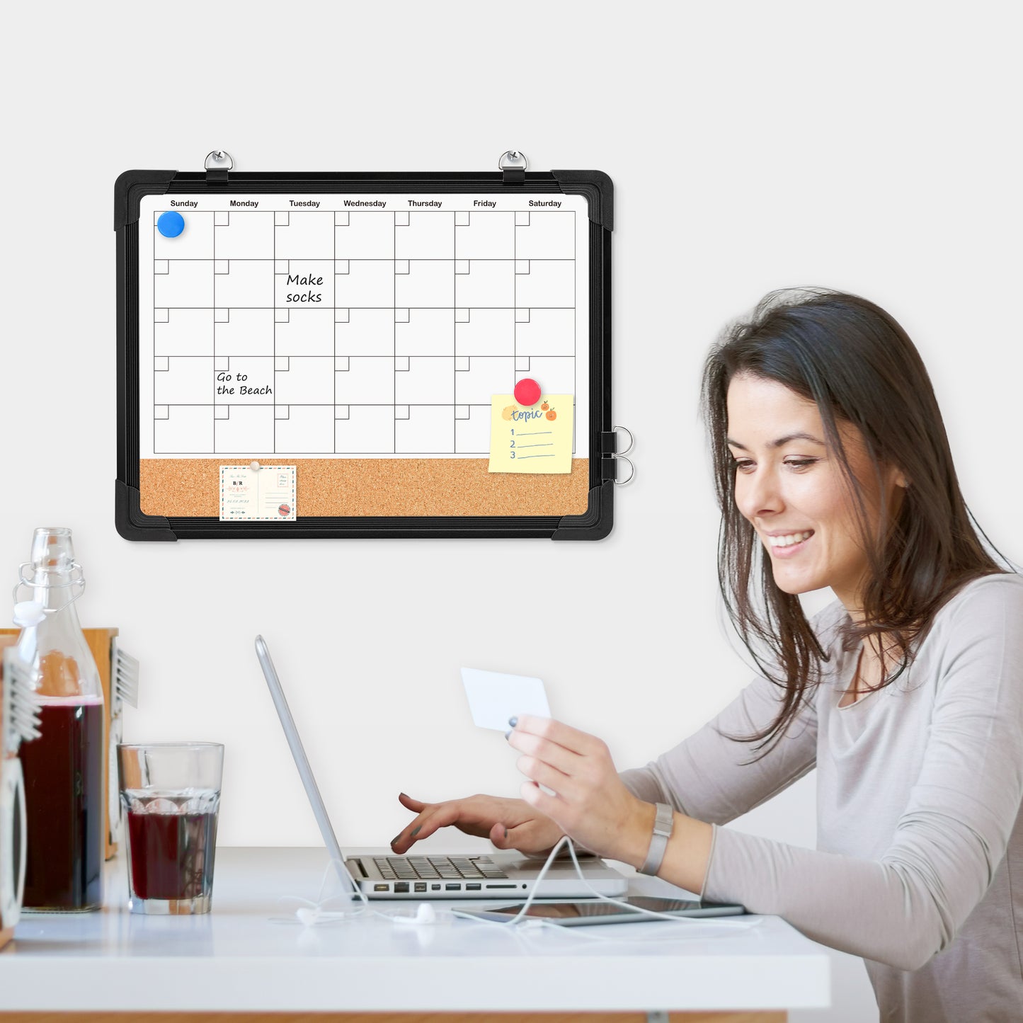 Whiteboard Calendar Cork Board Combo, 16" x 12", Double-Sided with 8 Markers 8 Magnets 10 Pins-Black