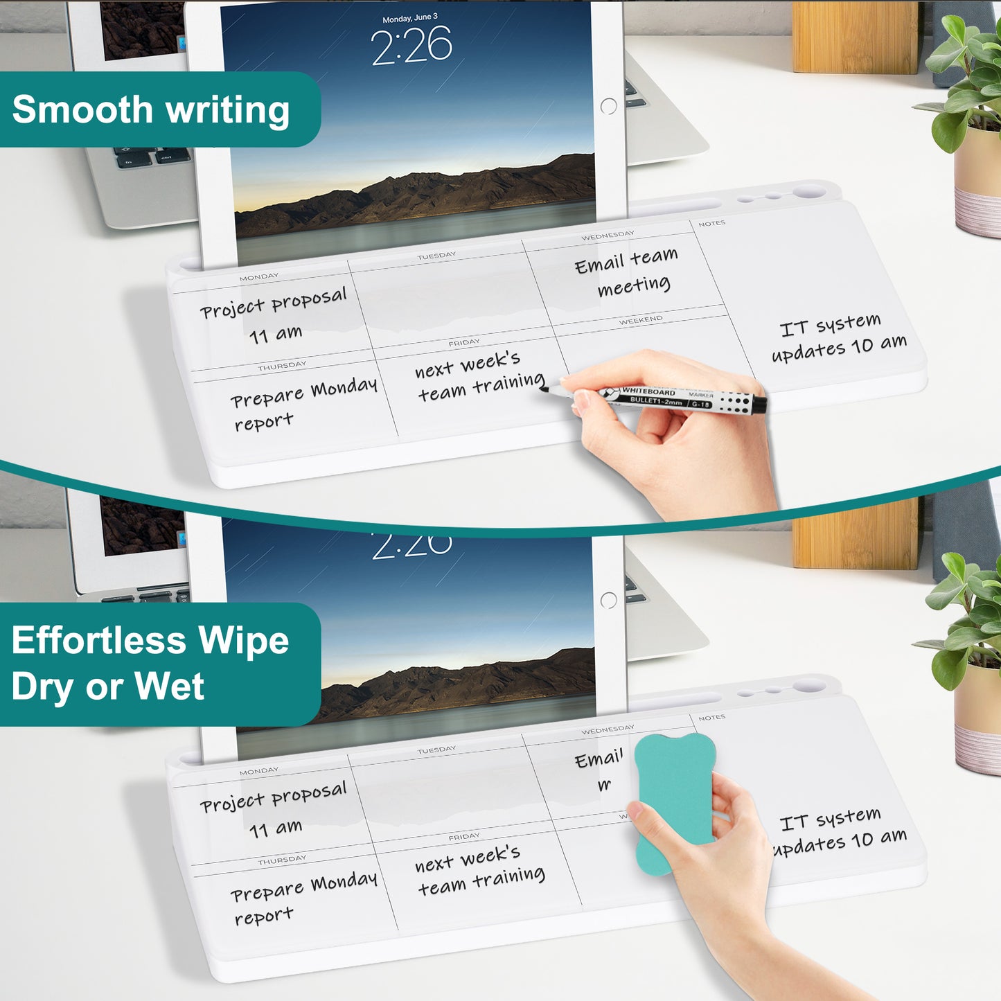Glass Desktop Whiteboard with Storage, Dry Erase Glass Board Weekly Calendar