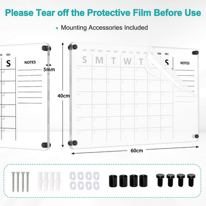 Large Oversize Crystal Clear Acrylic Wall Calendar Dry & Erase Board 24x16 in Monthly Family Calendar