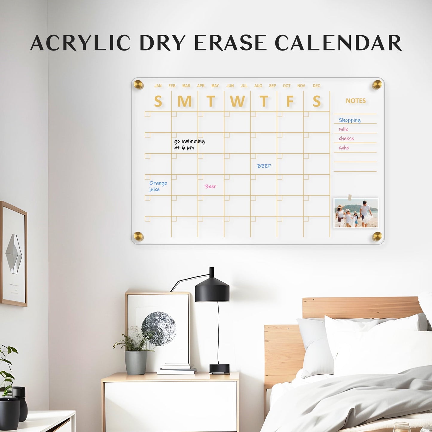 Acrylic Calendar for Wall Whiteboard eekly Clear Dry Erase Board, Wall Hanging Frameless Gold Print