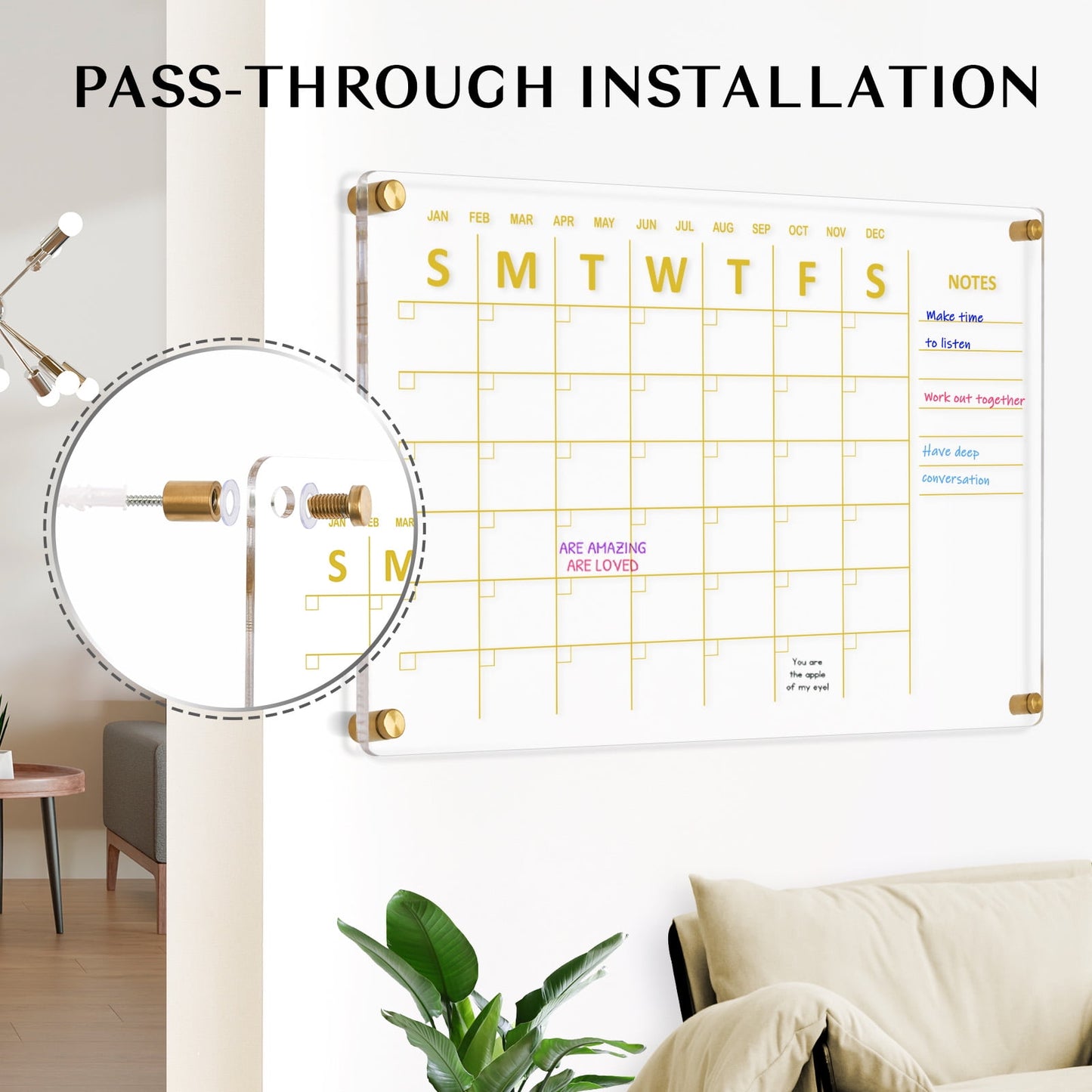 Acrylic Calendar for Wall Whiteboard eekly Clear Dry Erase Board, Wall Hanging Frameless Gold Print