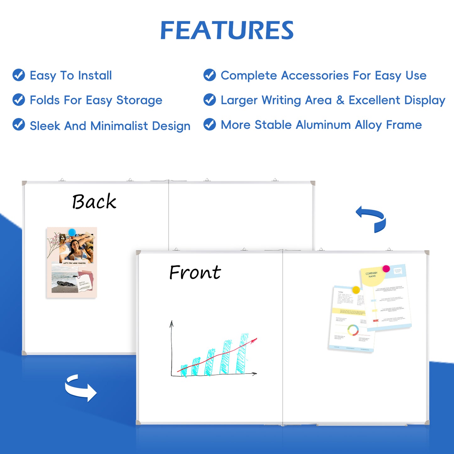 Large Dry Erase White Board Double Sided Magnetic Foldable Whiteboard Wall Mounted Folding Message Presentation Board
