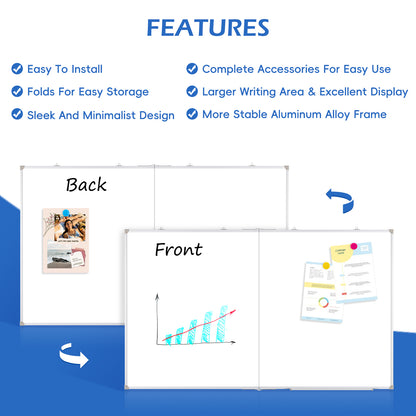 Large Dry Erase White Board Double Sided Magnetic Foldable Whiteboard Wall Mounted Folding Message Presentation Board