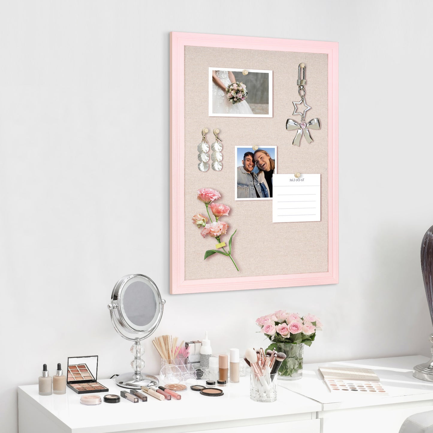 Pink Bulletin Board Pink Cork Board with Linen, Wood Framed 18"x 24" Corkboard Bulletin Board for Wall Decor