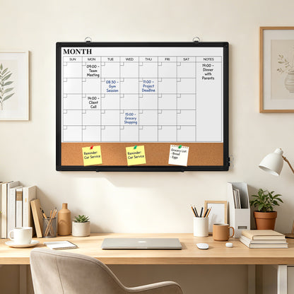 Monthly Calendar Whiteboard 24" x 18",36" x 24" Dry Erase Cork Board Combo Magnetic Double-Sided Calendar White Board and Bulletin Board