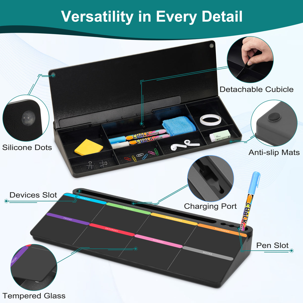 Desktop Glass Whiteboard with Storage Desk Board Buddy Desk Calendar Whiteboard Dry Erase Board