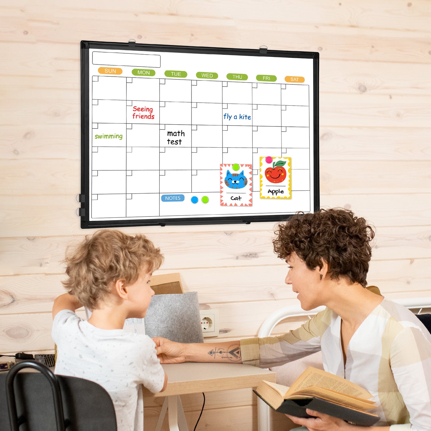 Magnetic Whiteboard Calendar for Wall, Double-Sided, with 4 Markers 8 Magnets 1 Eraser 1 Tray-Black