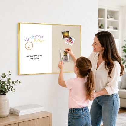 Linen Bulletin Board Whiteboard Combo 24"X18" Dry Erase Cork Board Combo Whiteboard with Beige Linen