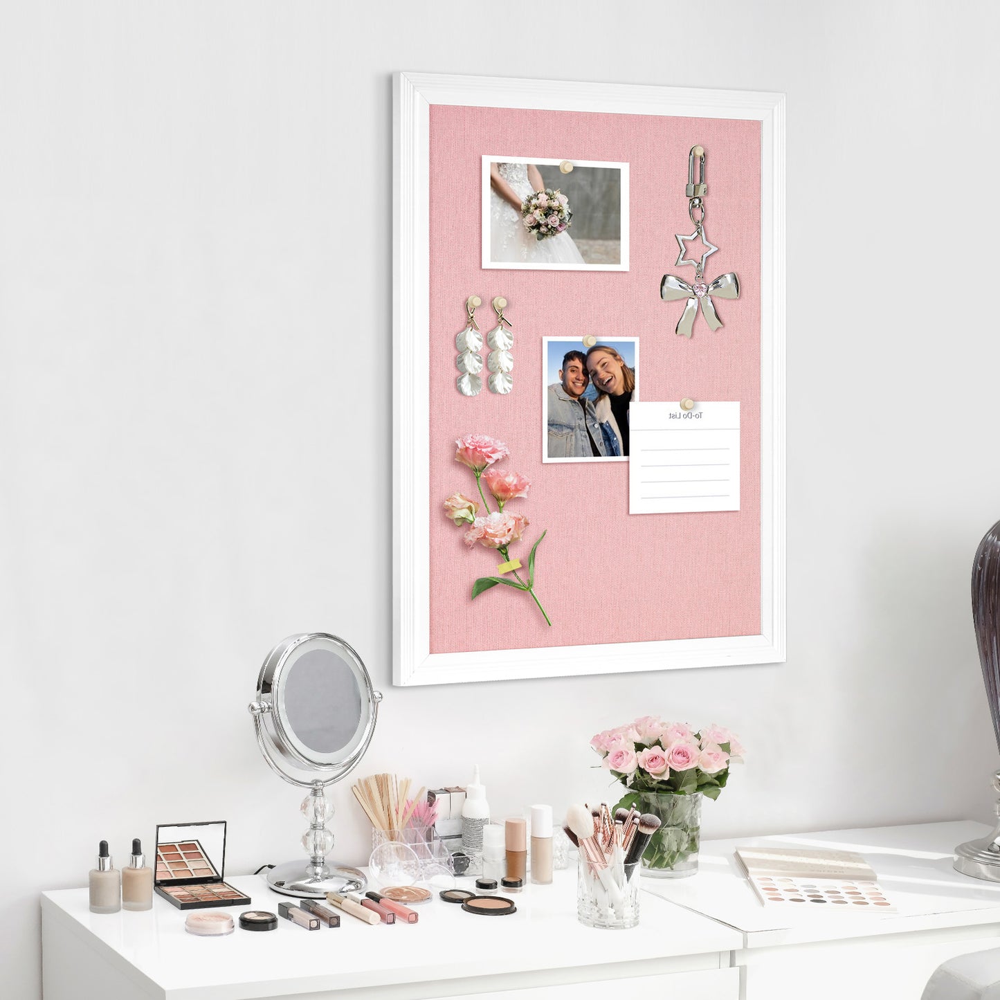 Pink Bulletin Board Pink Cork Board with Linen Corkboard Bulletin Board for Wall Decor White Wood Framed