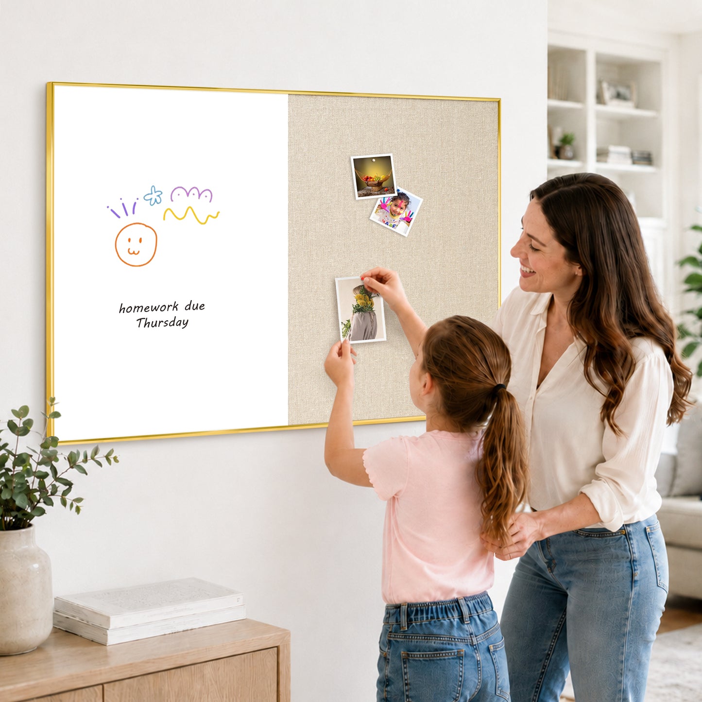 Linen Bulletin Board Whiteboard Combo 24"X18" Dry Erase Cork Board Combo Whiteboard with Beige Linen