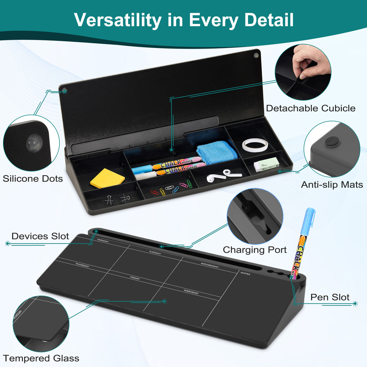 Calendar Whiteboard Desktop Glass Whiteboard with Storage Desk Board Buddy Desk Dry Erase Board