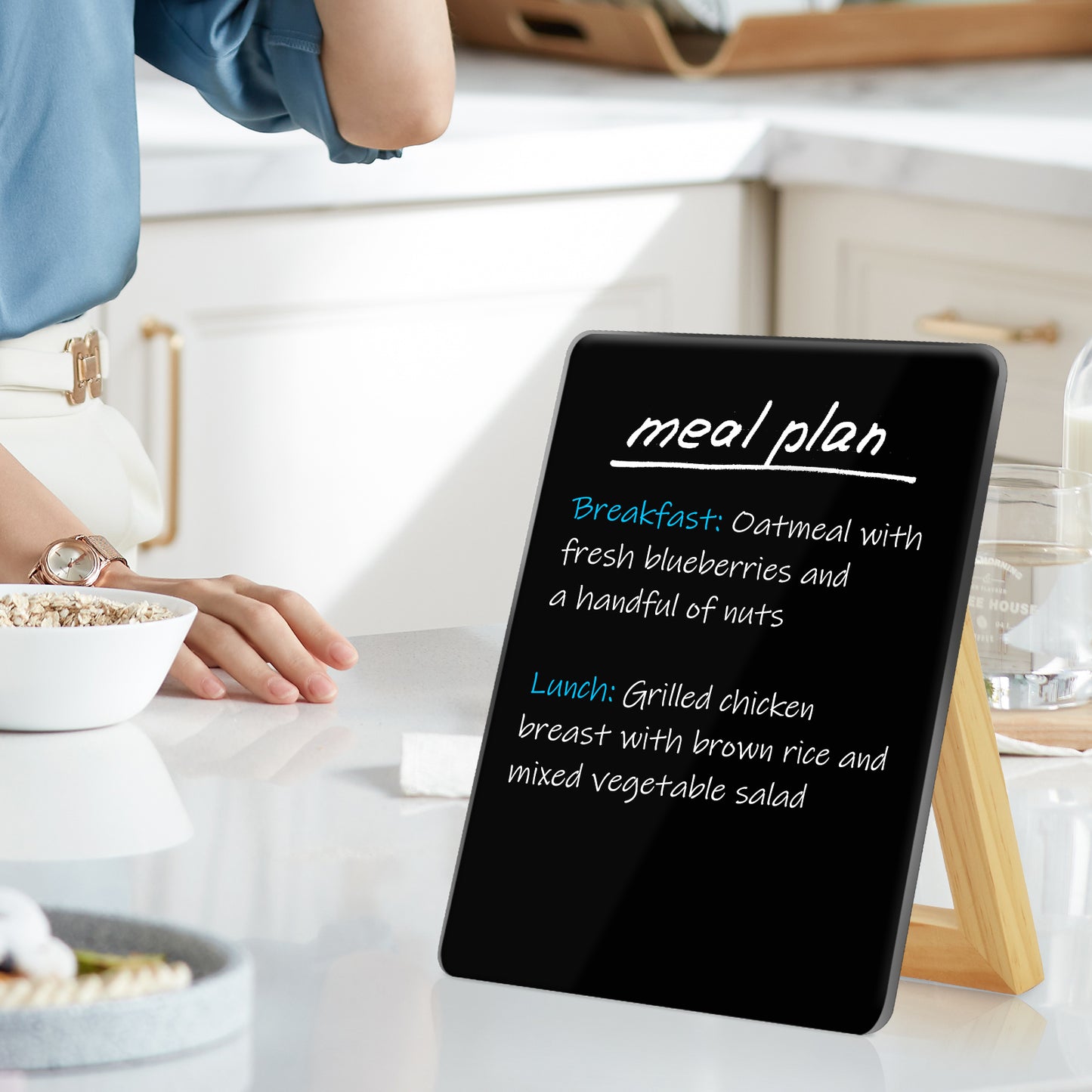 Desktop Black Glass Dry Erase Whiteboard with Reversible Wood Stand Small Whiteboard