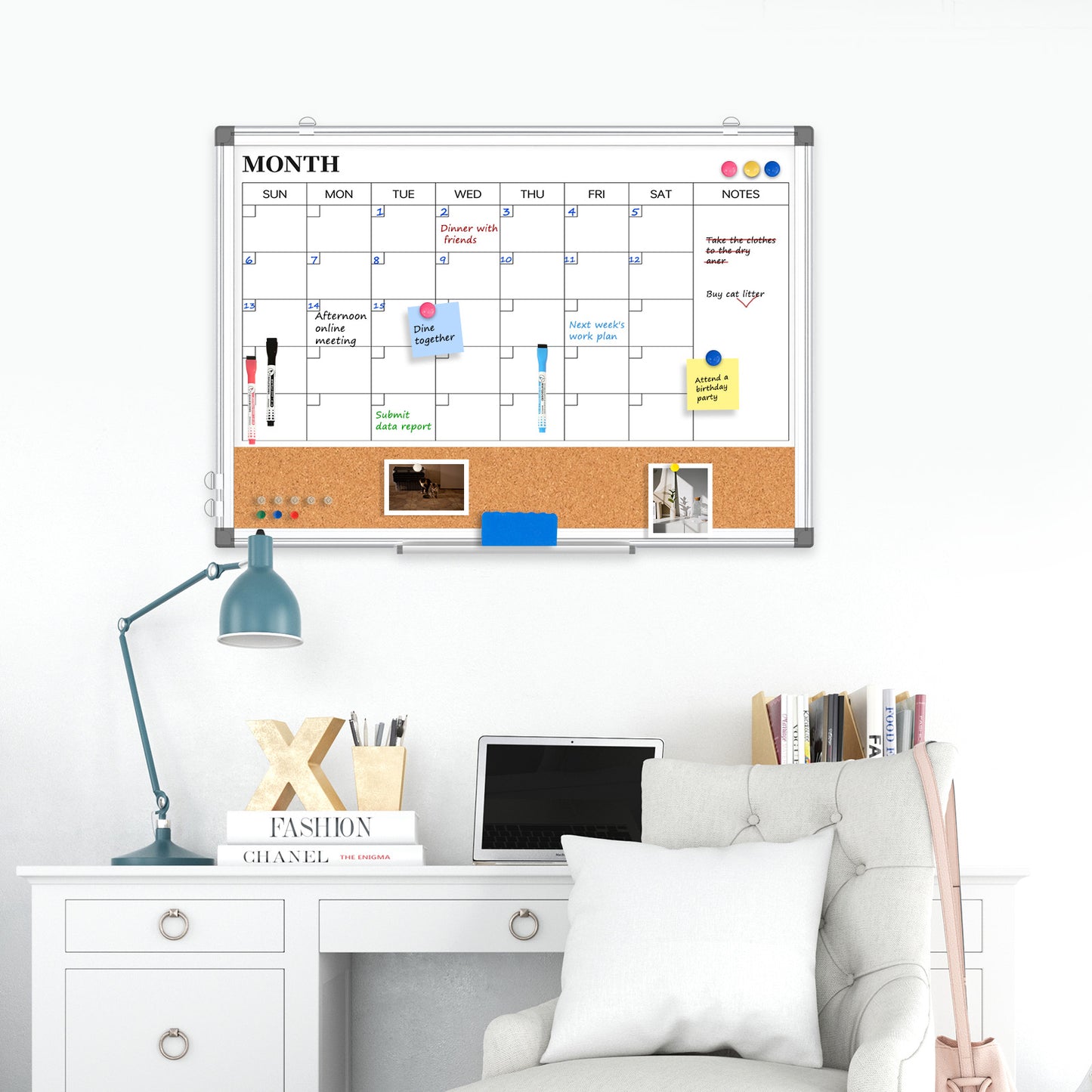 Monthly Calendar Whiteboard Dry Erase Cork Board Combination for Wall