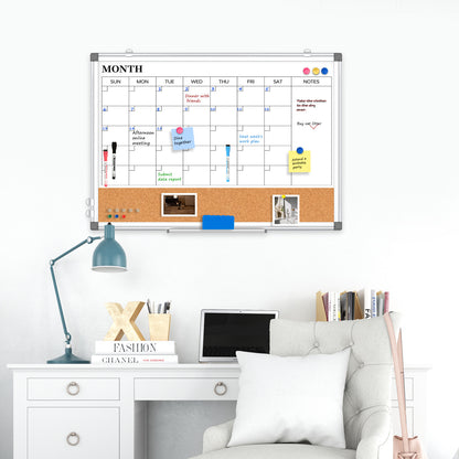 Monthly Calendar Whiteboard Dry Erase Cork Board Combination for Wall
