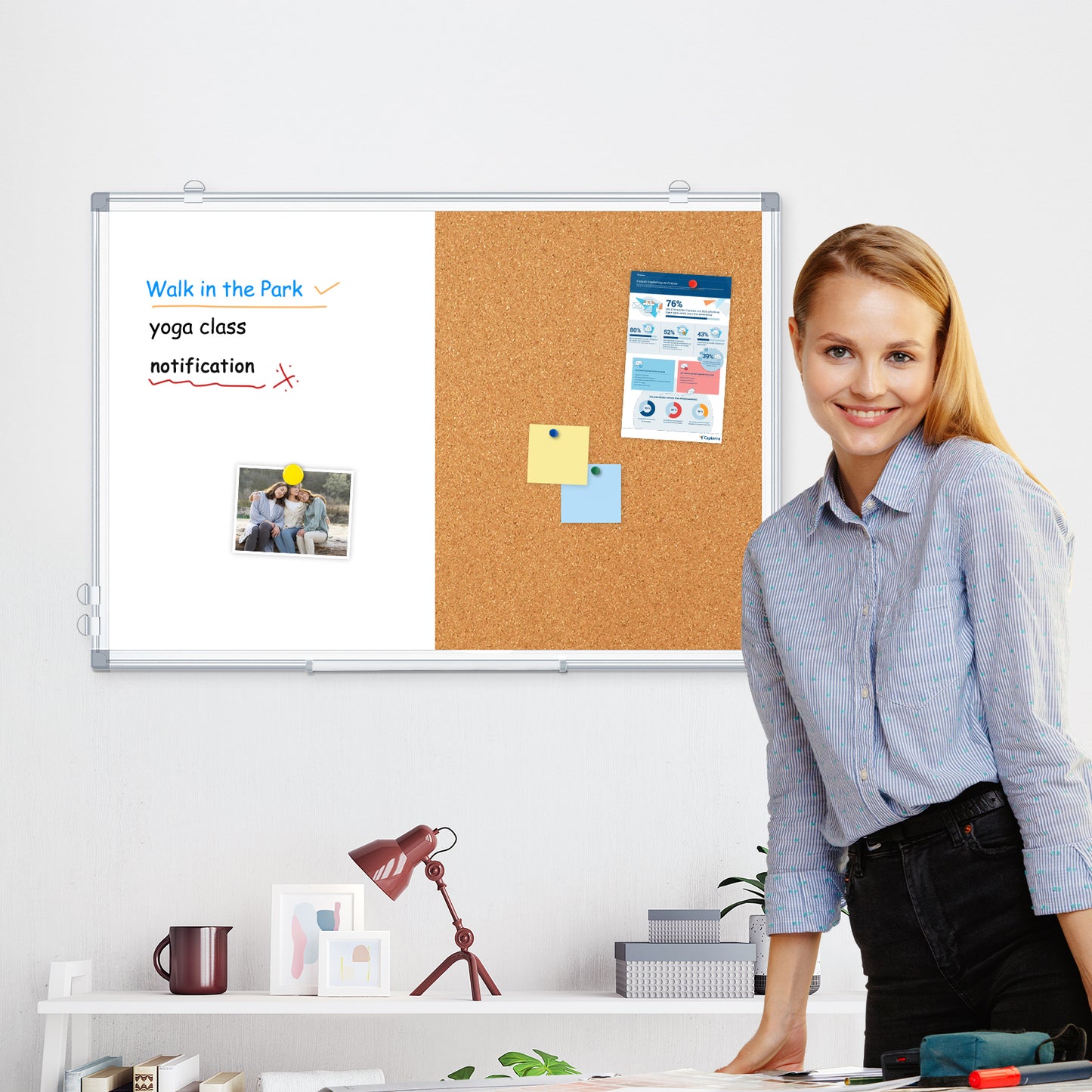 Whiteboard Corkboard Combo, Double-Sided Dry Erase Board with 4 Markers 6 Magnets 10 Pins 1 Eraser-Silver