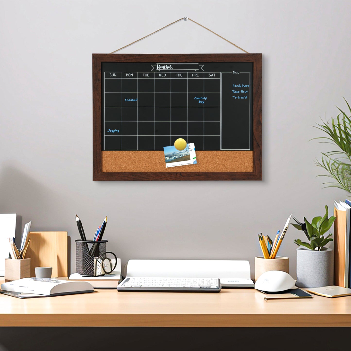 Whiteboard Calendar & Corkboard for Wall, 16"x12" Chalkboard Magnetic Dry Erase Monthly Calendar Chalkboard
