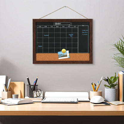 Whiteboard Calendar & Corkboard for Wall, 16"x12" Chalkboard Magnetic Dry Erase Monthly Calendar Chalkboard
